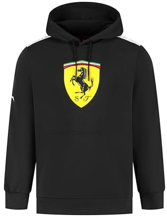 PUMA Scuderia Ferrari F1 Hoodie with Large Scudetto shield print on chest | Logo hoodie with drawcords, Cat logo on sleeve, Contrast shoulder panels, Officially licensed