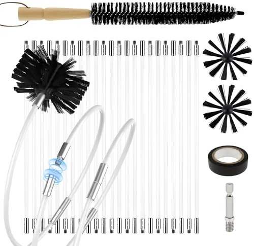 30 Feet Chimney Brush Cleaning Kit 4 Brush Head 23 Flexible Rods Compatible with Power Drill Particle Furnace Cleaning Brush, Ideal for Chimney, Fireplace, Flue, Dryer Vent & Sewage Pipe