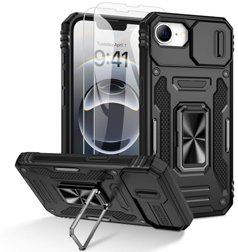 Doeshine für iPhone 17e/16e Hülle mit Kameraschutz,Schwarz | Handyhülle mit 2 Stück Displayschutzfolie, 360° Rotate Metal Ring Ständer, Robust Militär Schutzhülle