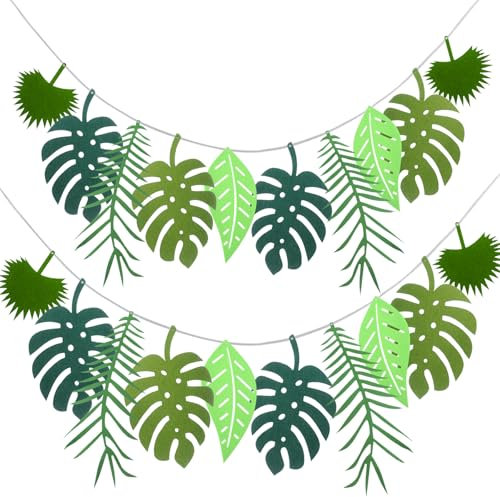 Dmnnlp 2 Pcs Green Palm Leaves Garland Bunting (6M In Total), Felt Jungle Leaves, Jungle Theme Party Decorations for Birthday, Jungle, Nursery School, Beach Pool,Summer Party 19.7Ft
