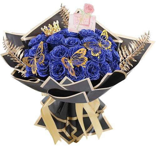 AIGOCITY 24 Pcs Glitter Roses Bouquet,Artificial Rose Bouquet,Sparkly Rose,DIY Fake Glitter Bouquets with Crown Card 3D Butterfly for Birthday Gifts Wedding Valentine's Day Mother's Day (Blue)