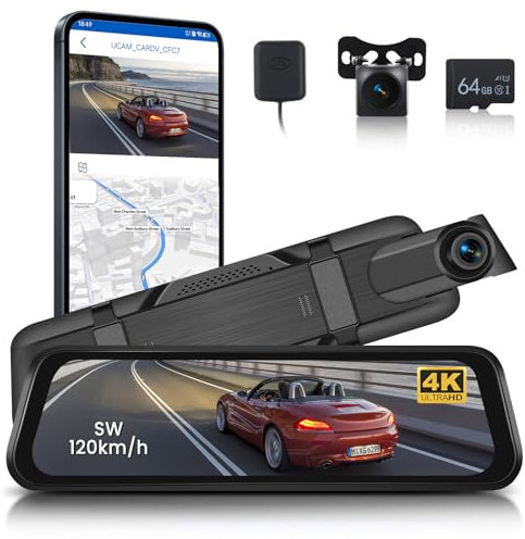 Hodozzy 9,66 Zoll Rückspiegel-Dashcam, 4K Front & 1080P Rückfahrkamera mit Verschiebbarem Objektiv, Nachtsicht, WiFi Dual Dash Cam mit GPS, G-Sensor, ADAS BSD LCA, Loop-Aufnahme, 64 GB TF-Karte