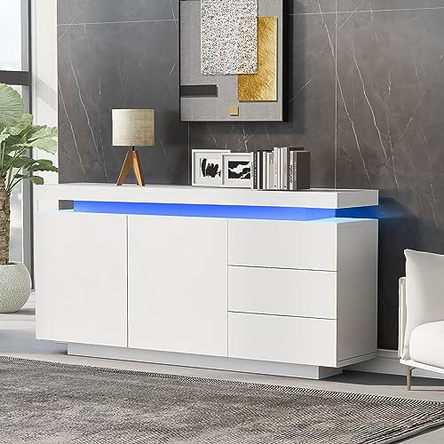 Merax Sideboard mit LED-Leuchte, Hochglanz Kommode Anrichte Schrank mit 2 Türen & 3 Schubladen, Beistellschrank Mehrzweckschrank Standschrank Highboard, griffloses Design, verstellbare Regale, Weiß