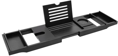 POTYYH Badewannenablage aus Bambus, Verstellbares Badewannenbrett Badewannen Tablett ausziehbar 70-111cm Bathtub Tray mit Glashalter und Buchstütze, Schwarz