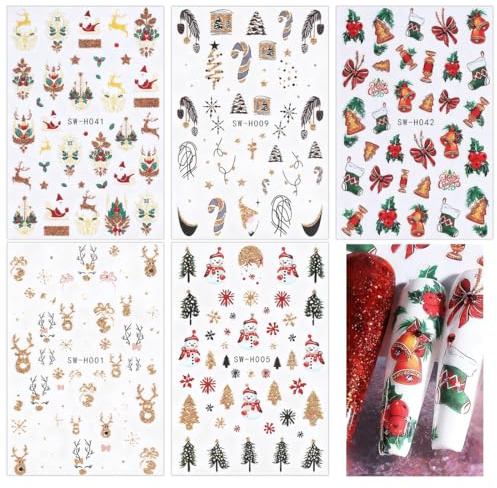 JYNXOR 5 Blatt Nagelsticker Weihnachten, Weihnachtsmann Nagelaufkleber Weihnachten Nagel Sticker，Grinch Deko Weihnachtssticker Nägel,Dekoration Nageldesign Zubehör