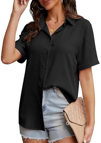 ADUDVLO Women's Short Sleeve Blouses Shirts Stretch Fitted Formal Button Down Shirts Business Work Blouse Summer Casual Tops for Ladi