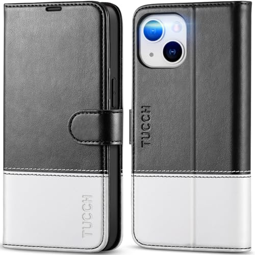 TUCCH Wallet Case for iPhone 13 (6.1), Black & White | 3 Card Slots, RFID Blocking, Kickstand, Shockproof TPU Shell, Premium PU Leather, Magnetic Closure, Folio Flip Cover