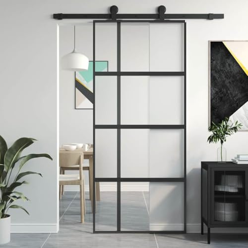 Porte Coulissante Noir 90x205cm Verre Trempé et Aluminium Opaque Silencieuse Intérieur Design Moderne Construction Robuste