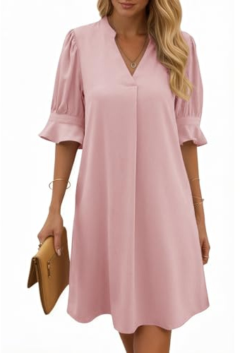 Cicy Bell - Robe mi-longue pour femmes avec col en V - Robe à volants à demi-manches - Robe de longueur genou - Robe décontractée unie d'été, rose, M