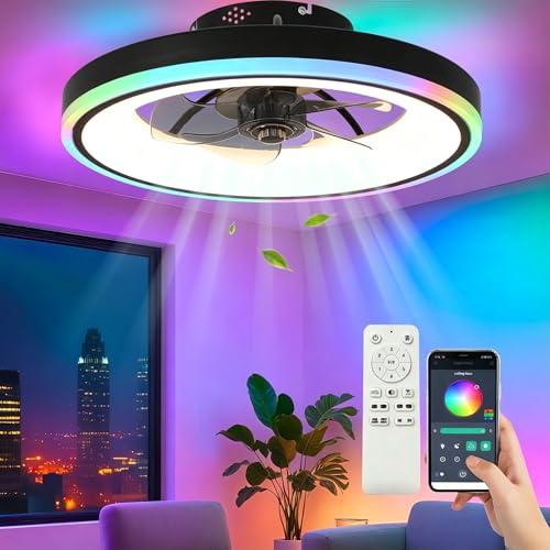 Qiaomao 60W RGB Deckenventilator mit Beleuchtung, Leiser Deckenleuchte Mit Ventilator, Fernbedienung & APP, dimmbar (3000K-6500K), 50cm Lampe mit Ventilator, 6 Windstufen Timer, Schlaf- Wohnzimmer