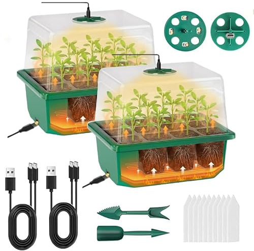 VDYXEW 2 Pack Seed Trays, Propagator with Grow Light and Heat - Reusable Propagators for plants with Heightened Lids, Propagation Station Germination Tray for Seedlings(2 Pack with Light)