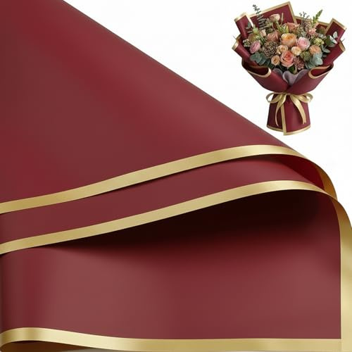 20 Blatt Rot Blumenstrauß Papier Wasserdicht,Flower Shop Bouquet Packaging BlumenKunst und Handwerk,Geschenkpapier mit Goldrand Wasserdicht Papierblumen Geschenkpapier Verpackungsmaterial