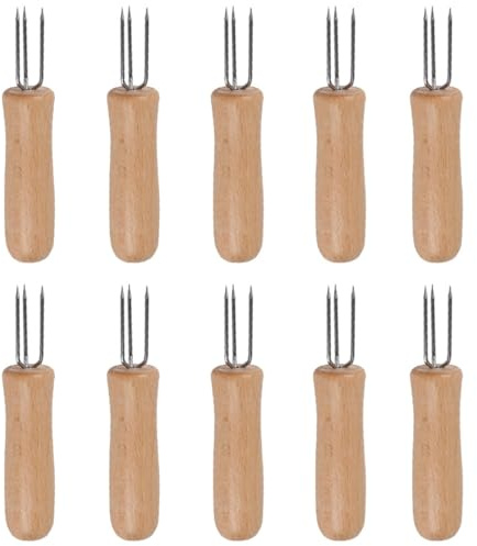 TEMPNAP 10 Stück Edelstahl Grillmaisgabeln mit Holzgriff 3 Zacken Obstgabeln für Snacks und Grillzubehör Tragbar und Vielseitig Einsetzbar Zufällige Farbe