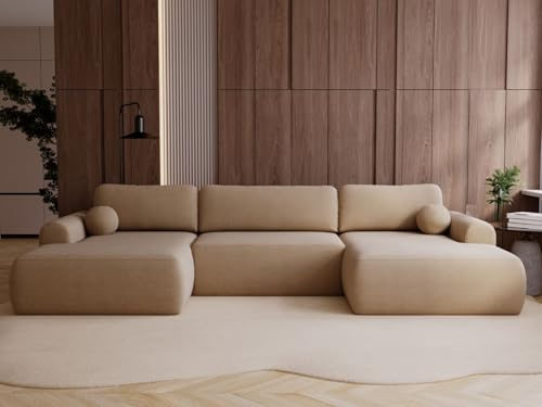 GRAINGOLD Savana U Ecksofa mit Schlaffunktion, 344x177 cm, U-Form Sofa, Schlafcouch für Wohnzimmer, Bouclé-Stoff, 5-Sitzer Wohnlandschaft, Ecksofa mit Bettkasten (Hellbraun)