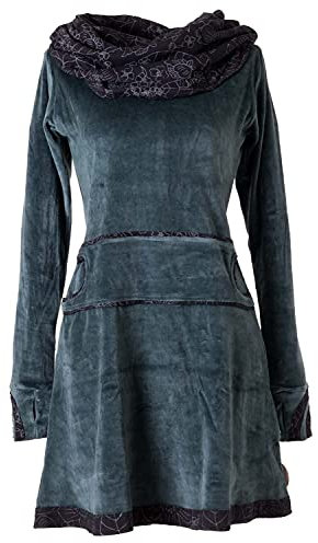 Vishes - Alternative Bekleidung - Samtkleid mit Kapuzenkragen grau-grün 36