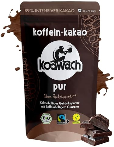 koawach – Kakaopulver Pur Schoko Getränkepulver 500 g – herbe Bio-Trinkschokolade mit Koffein aus Guarana & ohne Zuckerzusatz – vegan & Fairtrade – schokoladiger Energie-Kakao für heiße & kalte Drinks