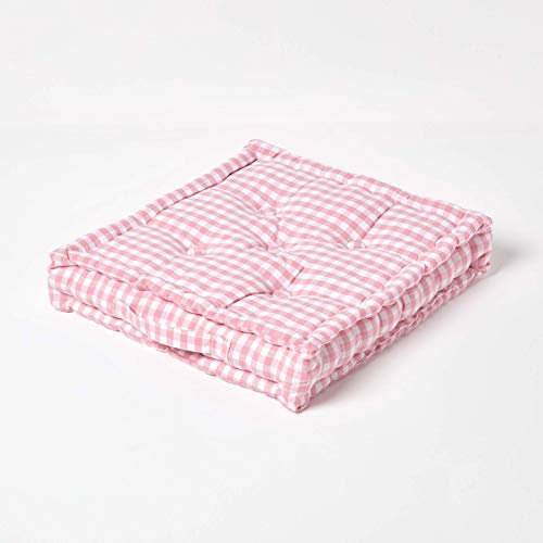 Homescapes Sitzkissen rosa weiß kariert 40 x 40 cm Gingham Karo mit Tragegriff Bezug 100% Baumwolle mit Polyester Füllung Sitzerhöhung Stuhlkissen
