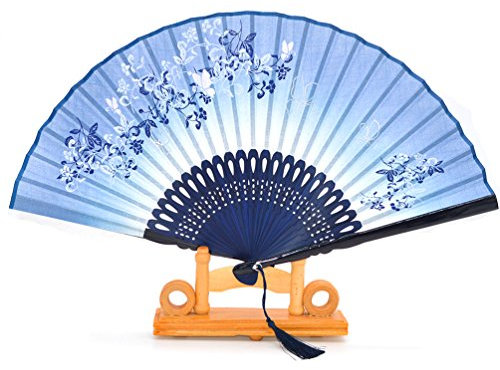 Medifier Silk Bamboo Handheld Folding Fans (Flying butterfly and Flowers), Silk Fan cover Pouches and gift box included (Blue)