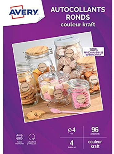AVERY - 96 runde Kraftpapier-Aufkleber, personalisierbar, 100% recycelt, Durchmesser 40 mm, Tintenstrahldruck