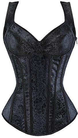 Grebrafan Straps Jacquard Weave Halter Corset Gothic Punk Basque Bustier Shapewear (UK(14-16) 2XL, Black)
