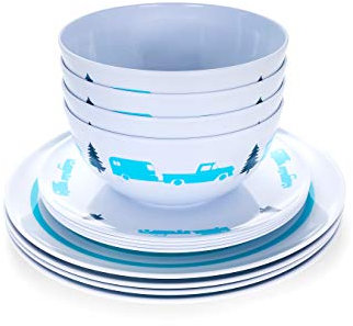 Camco Life is Better at The Campsite Dishware Set | Includes (4) Large Dinner Small Salad Plates and (4) Bowls | Top Rack Dishwasher Safe | Blue Tree and Truck Design (53294)