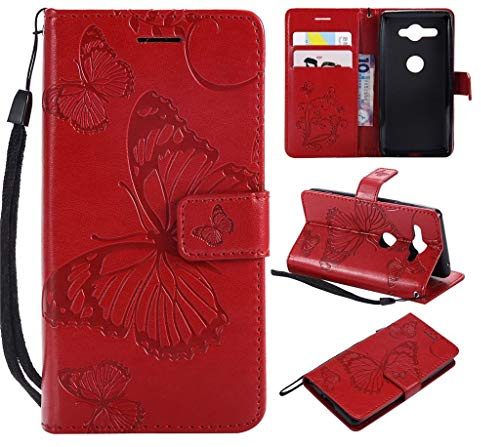 ShuiSu Flip Cover Hülle für Sony Xperia XZ2 Compact, Schöner Schmetterling Prägung PU Leder Weiche Silikon Magnetverschluss Klappständer Brieftasche Kartenfächer Armband Handy Schutzhülle -Rot