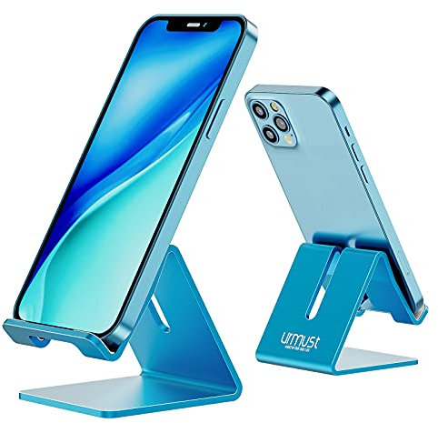 urmust Phone Stand, Desktop Holder for Phones, Mobile Phone Stand Dock for Desk,Aluminum Cell Phone Holder for iPhone 16 15 14 13 12 11 Pro Max XR and more (Blue)