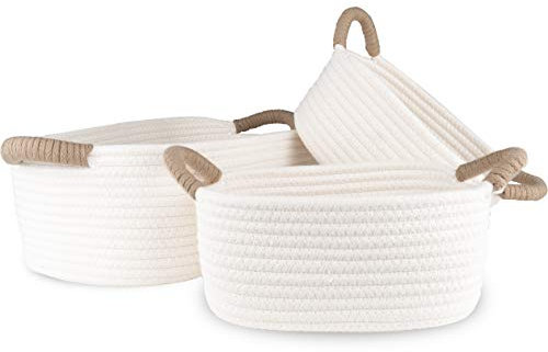 minchen Aufbewahrungskorb 3er Set - Gewobene Körbe für den Flur, das Bad, Schlaf- und Wohnzimmer sowie in Schränken und Regalen oder als Wickeltisch Organizer, weiß