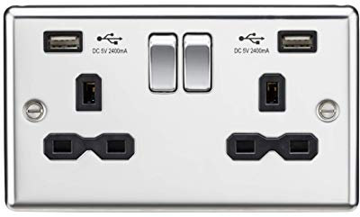 Knightsbridge CL9224PC 13A 2G Switched Socket with Dual USB Charger A + A (2.4A) - Polished Chrome with Black Insert
