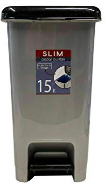 Slim Pedal Bin, Under Kitchen Counter Bins, Grey Plastic, Brilliant Grey material with Matt Black Lid (15 Litre)