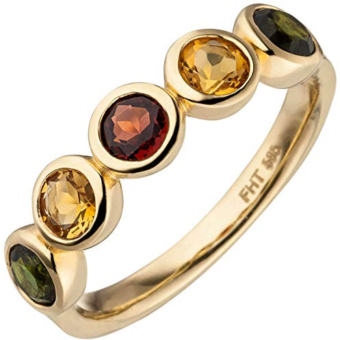 Ring aus 585 Gold Gelbgold mit Edelsteinen Citrin Granat Turmalin multicolor, Ringgröße:Innenumfang 52mm ~ Ø16.6mm
