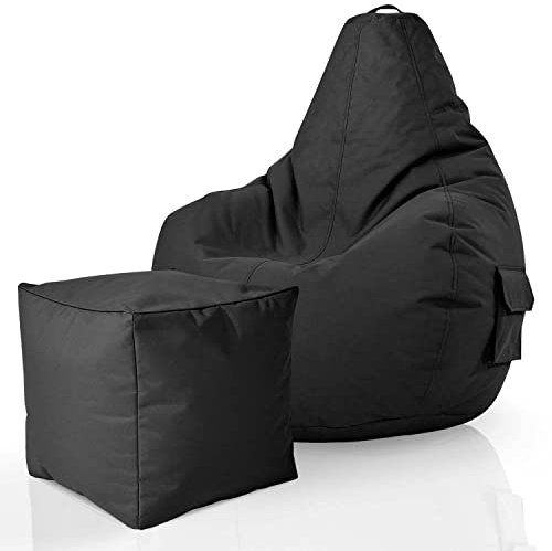 Green Bean 2er Set Sitzsack + Hocker - fertig befüllt - robust waschbar schmutzabweisend - Kinder & Erwachsene Bean Bag Bodenkissen Lounge Sitzhocker Relax-Sessel Gamer Gamingstuhl Pouf - Schwarz