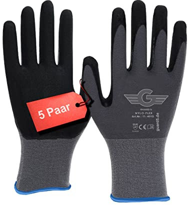 GUARD 5 - Nylonhandschuhe - 5 Paar Gr.10 - Nyloflex Arbeitshandschuhe - Damen & Herren - beschichtete Bauhandschuhe Arbeitshandschuhe Schutzhandschuhe Montagehandschuhe | EN 388