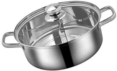 HEMOTON Hot Pot mit Trennwand Edelstahl Shabu Shabu Topf mit Glasdeckel Kochgeschirr Set Hot Pot Suppenboden Edelstahl Hot Pot für Induktion Herd Gasherd, 1109IR829P7V, 26X26X8.8CM, Silber