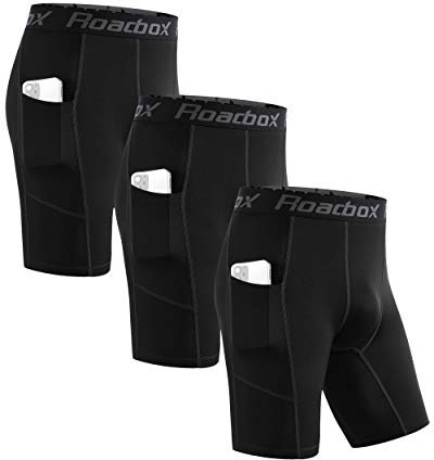 Roadbox Compression Shorts Mens 3 Pack with Pockets, Sports Underwear Base Layer Shorts, Quick-Drying Fabric Protect Leg Skin, for Running, Gym, Shorts, Cycling, Rugby