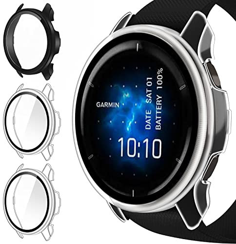 ivoler 3 Pièces Coque avec Protection écran en Verre Trempé pour Garmin Venu 2 45mm / Garmin Vivoactive 4 45mm, Couverture Complète Étui de Protection Anti-Rayures Housse (2 Transparent + 1 Noir)