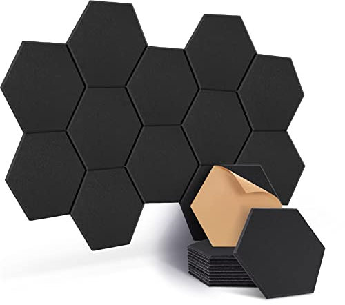 Akustikpaneele selbstklebend sechseckig 12St., JAMELO Akustikplatten aus Polyester zur Schalldämmung, 30 x 26 x 1 cm Schallabsorber Schallschutz für die Wand Decke Tür vom Studio Büro Schwarz