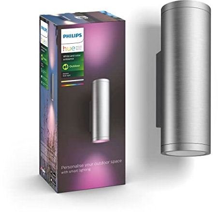 Philips Hue Appear [Inox] Wall Lantern x 2 + Outdoor Motion Sensor. White and Colour Smart Lighting for Outdoor, Garden, Terrace and Patio Light.