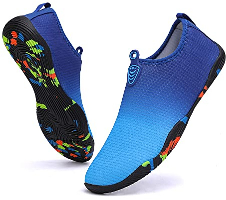 Vsufim Quick-Dry Water Sports Barefoot Shoes Aqua Socks for Swim Beach Pool Surf Yoga for Women Men, Blue/Blue/Blue, 10 Women/9 Men