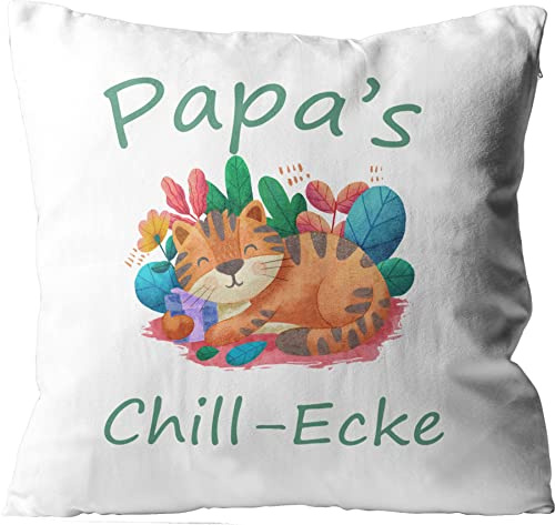 WarmherzIch Kissen Papas Chill Ecke - Kissenbezug mit Füllung, 45cm - Kissenhülle aus Baumwolle - Geschenk Papa Schnarchecke Couch Chillen