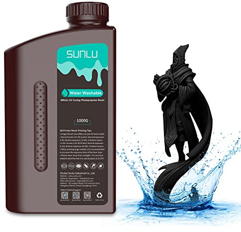 SUNLU Wasser Abwaschbar 3D Drucker Resin 1kg, 405nm UV Harz 3D Druck Standard Photopolymer Harz für 4/6/8K LCD DLP SLA Resin 3D Printer, Hohe Präzision, Geringer Geruch,Water Washable,Schwarz 1000g