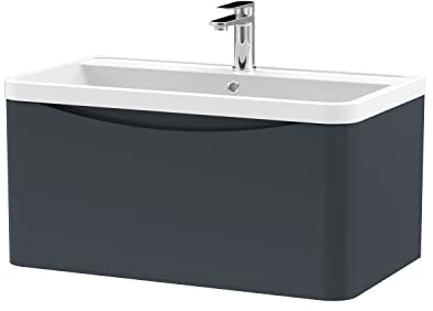 nuie LUN1406 Lunar Modern Bathroom Wall Hung 1 Drawer Vanity Basin Unit & Polymarble Basin, 800mm, Soft Black