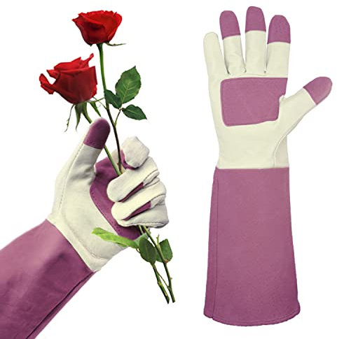 AIGEVTURE Rose Pruning Gloves Long Sleeve Thorn Proof,Rose Gardening Gloves for Men Women Long Gauntlet,Grain Pigskin Leather Pink(Large)