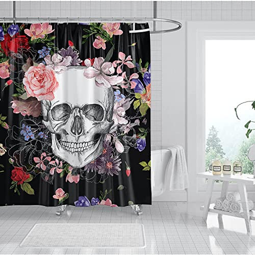Rideau de douche motif tête de mort - 180 x 180 cm - Motif feuilles vertes - Rideau de salle de bain en polyester imperméable et résistant à la moisissure - Avec 12 crochets