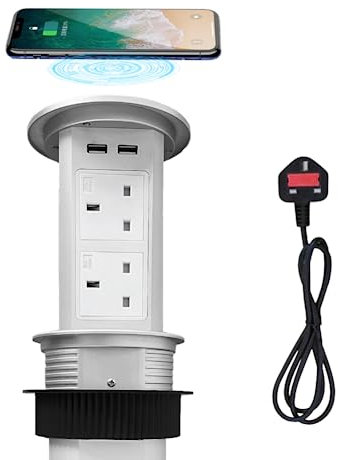 ZESHAN motorised pop up sockets for kitchen worktops with wireless charging,include 2 plugs,2 USB A and 2 type C Charging for Kitchen Counter, Conference Room, Silver