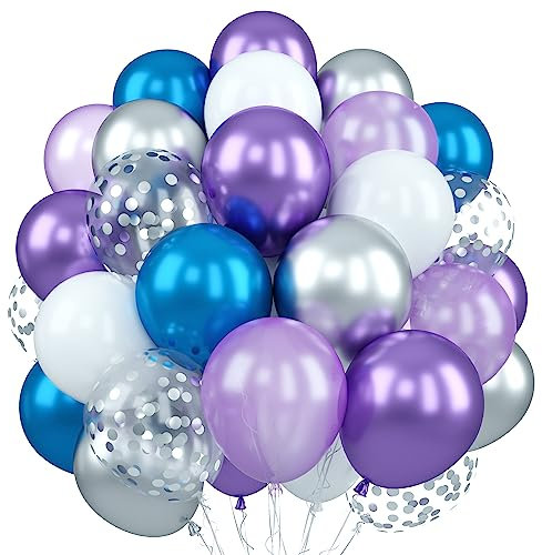 Luftballons Blau Lila Silber, 60 Stück Frozen Metallic Lila Blau Silber Weiß Party Ballons, 12Zoll Perl Lila Silber Konfetti Helium Latexballons für Mädchen Geburtstag Babyparty Weihnachten Party Deko
