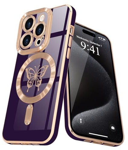 Lafunda für iPhone 15 Pro Max Hülle Glitzer Schmetterling Dunkelviolett | Kompatibel mit MagSafe Magnetisch Handyhülle Kamera-Vorsprung Vergoldung Glitzer Mädchen Stoßfest Schutzhülle