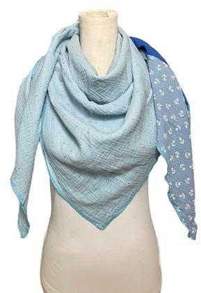 Musselin Tuch Anker Hellblau Royalblau goldene Streifenmehrfarbiges Einzelstück Dreieckstuch Halstuch Damen XXL Wickelschal Tuch Stola Handmade Schal einlagig