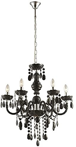 Kronleuchter Metall Hängelampe Schlafzimmer Chrom Lüster Pendellampe 5 Flammig Chrom, Acryldekor schwarz, 6x E14, DxH 67x166 cm