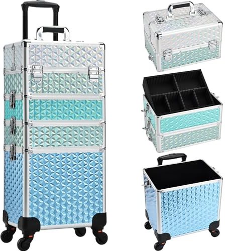 Adazzo 4-in-1 Make-up-Trolley, Zugkoffer, Kosmetikkoffer, Nagel-Tech-Box für Make-up-Künstler, Friseure, Nagel-Tech-Koffer mit Schlüsseln, drehbaren Rädern, Reisekoffer, Türkis/Ausflug, einfarbig